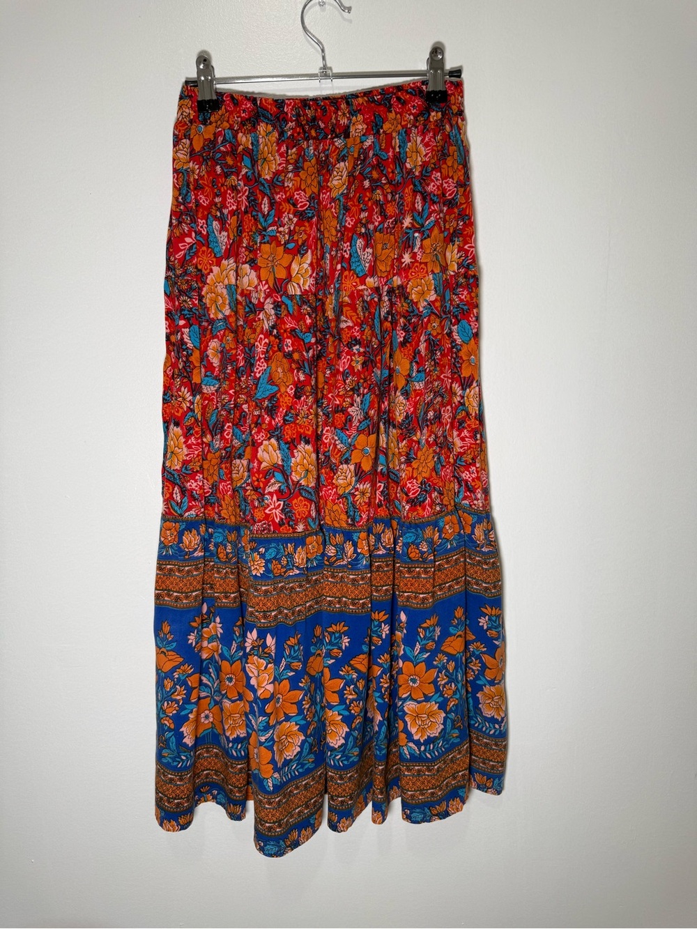 Frille Rose Bohemian Floral Colorful Tiered Maxi Skirt Elastic Waist Women Small